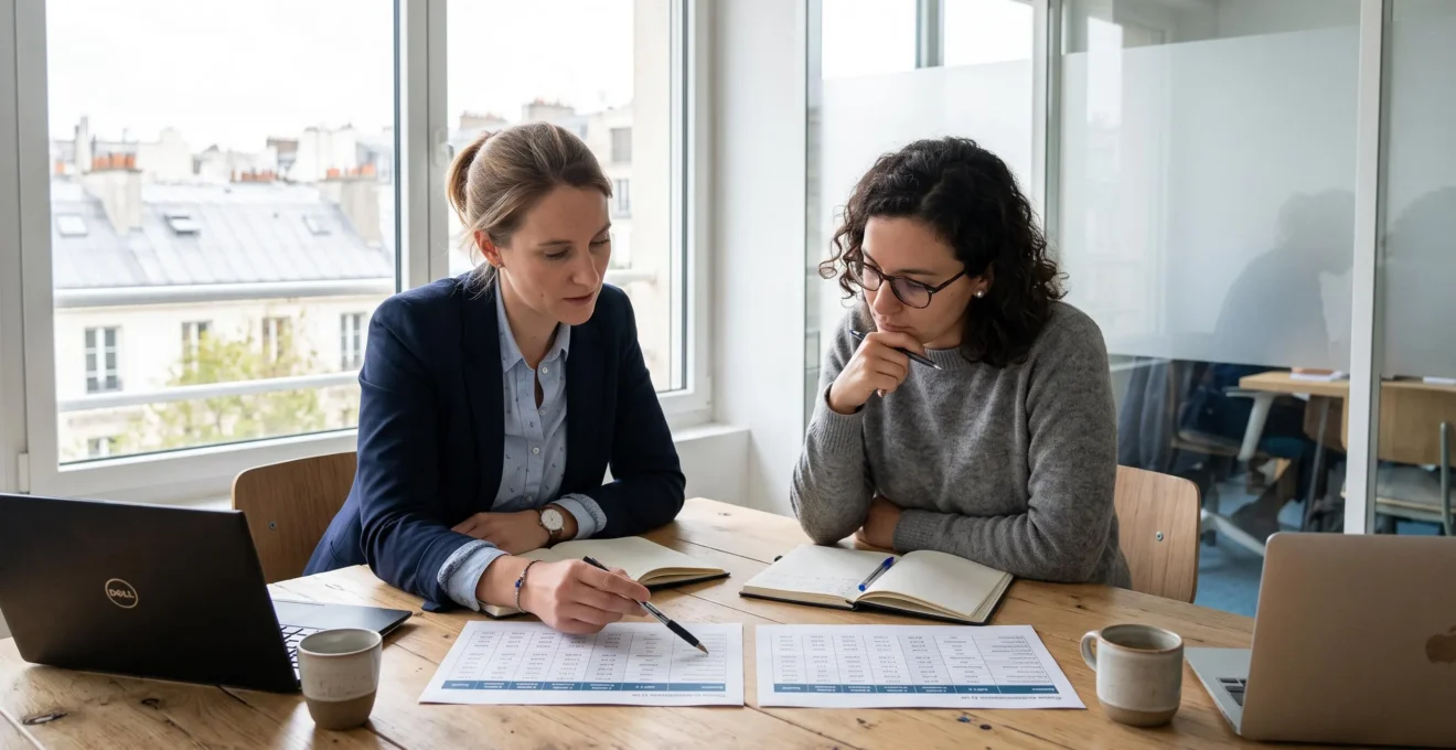 Deux collaborateurs comparent des grilles d'offres énergie imprimées sur une table de réunion.