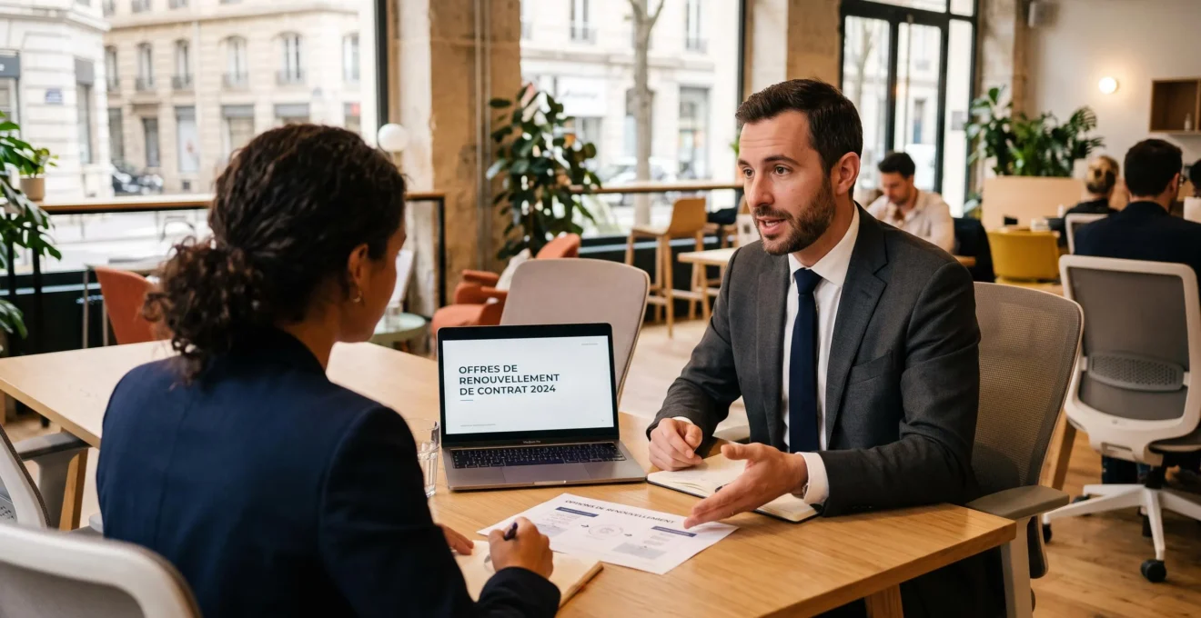 Un consultant et un gestionnaire discutent d'options de contrat devant un ordinateur portable.