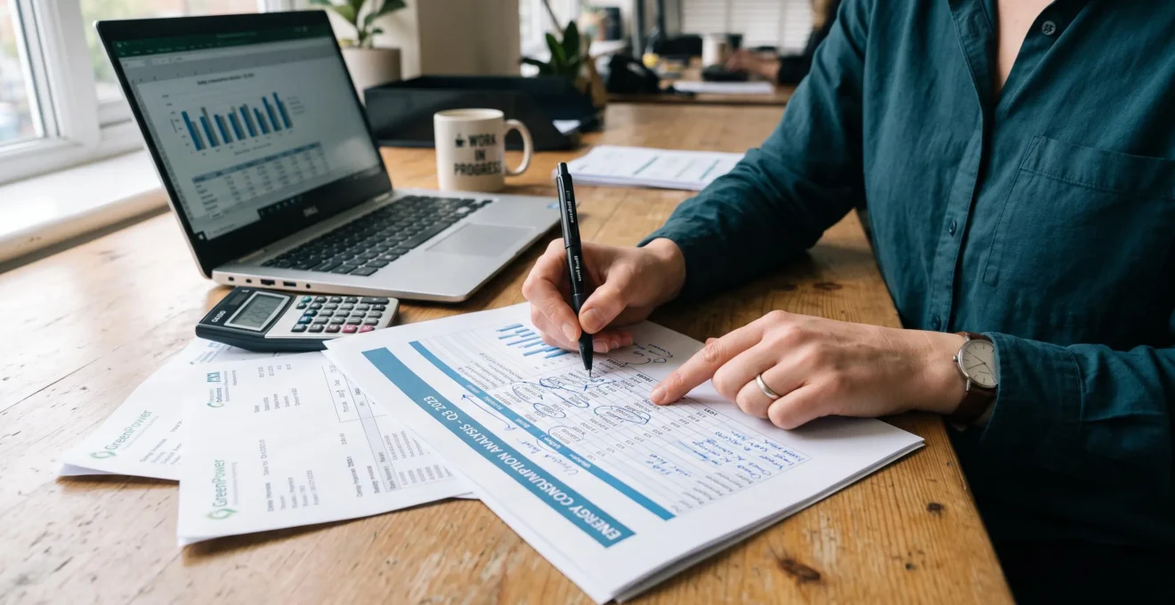 Des mains annotent une analyse de consommation d'énergie imprimée sur un bureau.